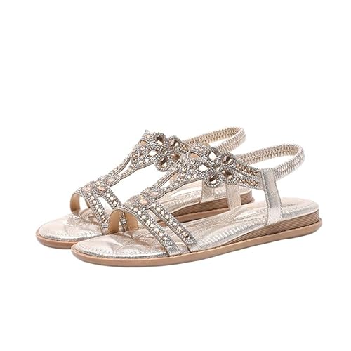 QIXUJAK Boho-Sandalen, orthopädische Boho-Sandalen, flache Damen-Hausschuhe mit Strass-Glitzer-T-Riemen (Roségold,38) von QIXUJAK