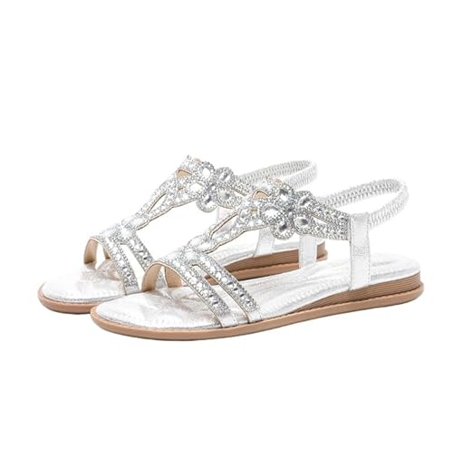 QIXUJAK Boho-Sandalen, orthopädische Boho-Sandalen, flache Damen-Hausschuhe mit Strass-Glitzer-T-Riemen (Silber,37) von QIXUJAK