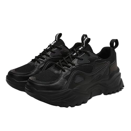 QIXUJAK Chunky Sneaker Damen Mesh Turnschuhe Damen Hohe Plattform Chunky Turnschuhe Beiläufig Schnüren Sport Papa Schuhe (Ganz schwarz,37) von QIXUJAK