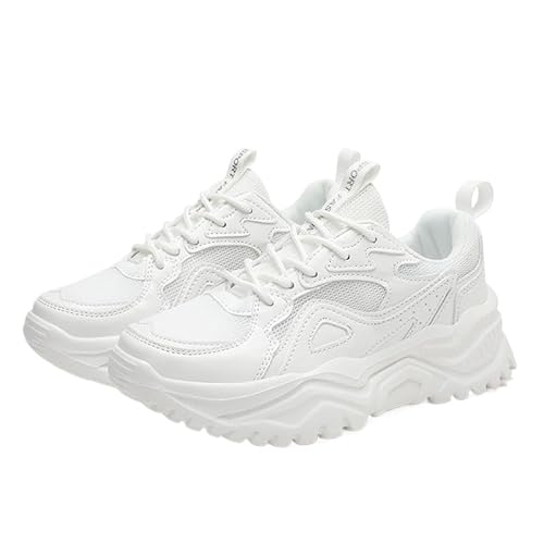 QIXUJAK Chunky Sneaker Damen Mesh Turnschuhe Damen Hohe Plattform Chunky Turnschuhe Beiläufig Schnüren Sport Papa Schuhe (Weiß,36) von QIXUJAK