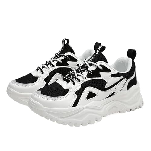 QIXUJAK Chunky Sneaker Damen Mesh Turnschuhe Damen Hohe Plattform Chunky Turnschuhe Beiläufig Schnüren Sport Papa Schuhe (Weiß und Schwarz,37) von QIXUJAK