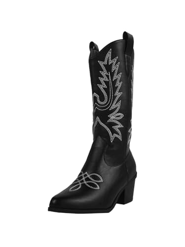 QIXUJAK Cowboy Stiefel Damen Westernstiefel Spitze Zehe Stickerei Cowgirl Stiefel Block Weitschaftstiefel Kniehohe Boots (36,Schwarz(C)) von QIXUJAK