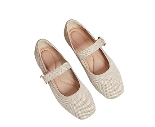 QIXUJAK Damen-Ballerinas, runde Zehenpartie, gestrickt, Mary Jane-Schuhe, bequem, elegant, Flache Schuhe für Damen, leger, Verstellbarer Riemen, Schlupfschuhe (Aprikose,39) von QIXUJAK