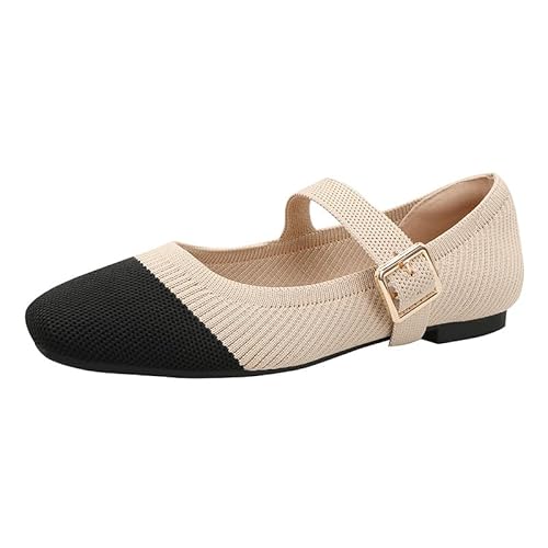 QIXUJAK Damen-Ballerinas, runde Zehenpartie, gestrickt, Mary Jane-Schuhe, bequem, elegant, Flache Schuhe für Damen, leger, Verstellbarer Riemen, Schlupfschuhe (Aprikose Schwarz,42) von QIXUJAK
