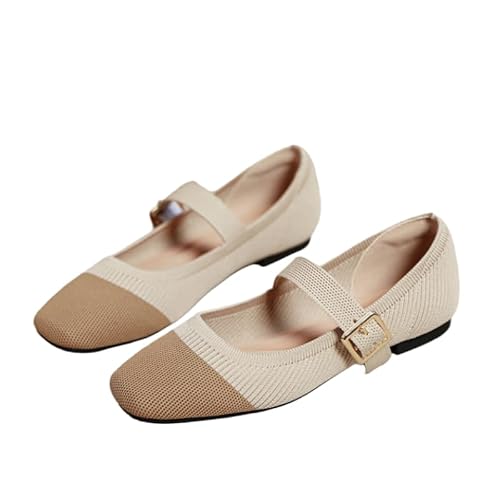 QIXUJAK Damen-Ballerinas, runde Zehenpartie, gestrickt, Mary Jane-Schuhe, bequem, elegant, Flache Schuhe für Damen, leger, Verstellbarer Riemen, Schlupfschuhe (Premium Aprikose,42) von QIXUJAK