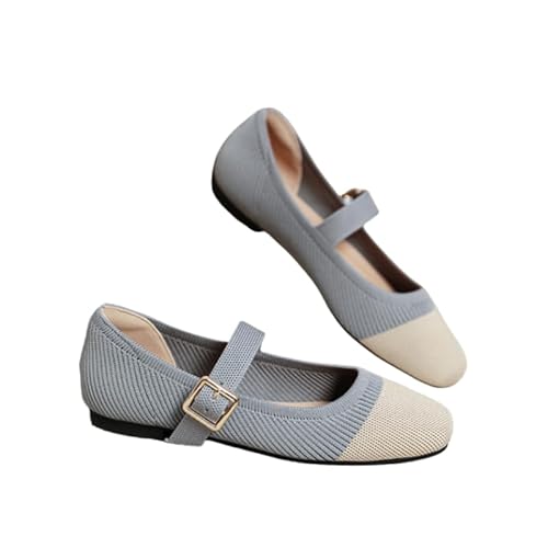 QIXUJAK Damen-Ballerinas, runde Zehenpartie, gestrickt, Mary Jane-Schuhe, bequem, elegant, Flache Schuhe für Damen, leger, Verstellbarer Riemen, Schlupfschuhe (Premium Grau,38) von QIXUJAK