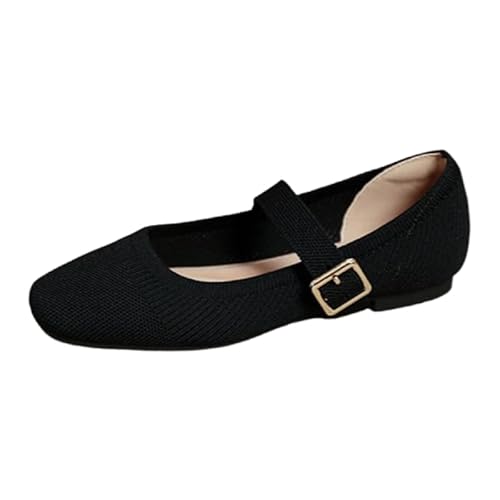 QIXUJAK Damen-Ballerinas, runde Zehenpartie, gestrickt, Mary Jane-Schuhe, bequem, elegant, Flache Schuhe für Damen, leger, Verstellbarer Riemen, Schlupfschuhe (Schwarz,42) von QIXUJAK