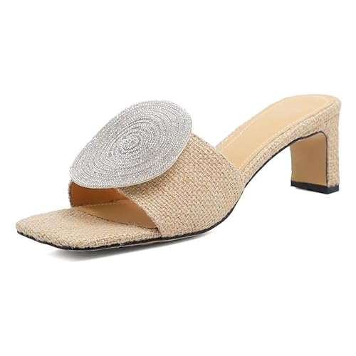 QIXUJAK Damen Bling Strass Quadratische Heels, Kristall Satin Glitzer Pantoletten Hausschuhe Boho Offene Zehen Slip-on Strandsandalen Heels (Aprikose,35) von QIXUJAK