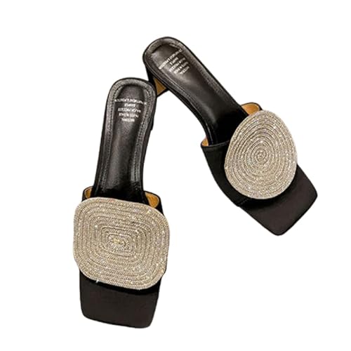 QIXUJAK Damen Bling Strass Quadratische Heels, Kristall Satin Glitzer Pantoletten Hausschuhe Boho Offene Zehen Slip-on Strandsandalen Heels (Schwarz,39) von QIXUJAK