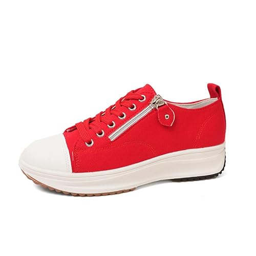 QIXUJAK Damen Canvas Schuhe Plateau Sneaker Freizeit Turnschuhe Runde Zehe Sportschuhe Laufschuhe Atmungsaktive Freizeitschuhe Schnürschuhe (Rot,39) von QIXUJAK