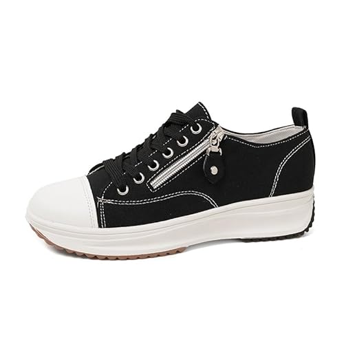 QIXUJAK Damen Canvas Schuhe Plateau Sneaker Freizeit Turnschuhe Runde Zehe Sportschuhe Laufschuhe Atmungsaktive Freizeitschuhe Schnürschuhe (Schwarz,32) von QIXUJAK