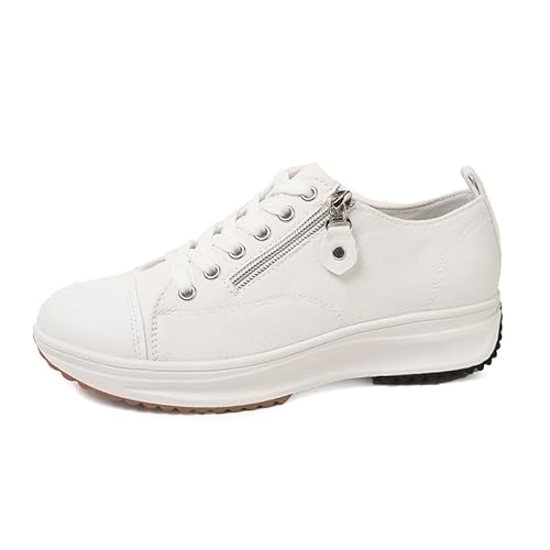 QIXUJAK Damen Canvas Schuhe Plateau Sneaker Freizeit Turnschuhe Runde Zehe Sportschuhe Laufschuhe Atmungsaktive Freizeitschuhe Schnürschuhe (Weiß,41) von QIXUJAK