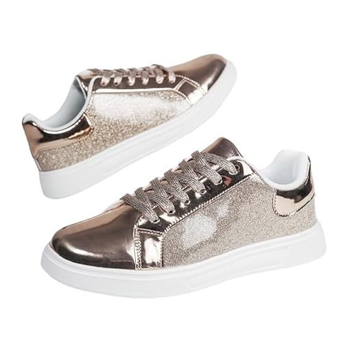 QIXUJAK Damen Casual Sportschuhe Frühling und Herbst modische Low-Top-Schnürschuhe glänzend atmungsaktiv und leicht (Gold,39) von QIXUJAK