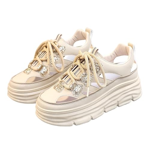 QIXUJAK Damen Chunky Sandalen Turnschuhe Hohle Freizeitschuhe mit dicker Sohle Plateau-Lässige Schuhe Keilabsatz Sneake Freizeit und Atmungsaktiv Dad Sneakers (Khaki,39) von QIXUJAK