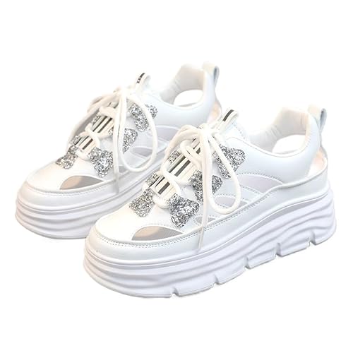 Damen Chunky Sandalen Turnschuhe Hohle Freizeitschuhe mit Dicker Sohle Plateau-Lässige Schuhe Keilabsatz Sneake Freizeit und Atmungsaktiv Dad Sneakers (Silber,38) von QIXUJAK