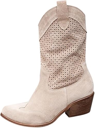 QIXUJAK Damen Cowboy Kniehohe Stiefel und Motorradstiefel Herbst und Winter - Wasserdichte Westernstiefel, Blockabsatz, Wildleder Vintage Design (Beigefarbenes,35) von QIXUJAK