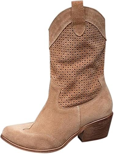 QIXUJAK Damen Cowboy Kniehohe Stiefel und Motorradstiefel Herbst und Winter - Wasserdichte Westernstiefel, Blockabsatz, Wildleder Vintage Design (Hellbraunes,39) von QIXUJAK