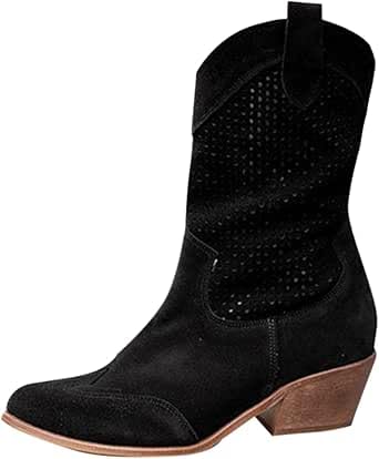 QIXUJAK Damen Cowboy Kniehohe Stiefel und Motorradstiefel Herbst und Winter - Wasserdichte Westernstiefel, Blockabsatz, Wildleder Vintage Design (Schwarzes,38) von QIXUJAK