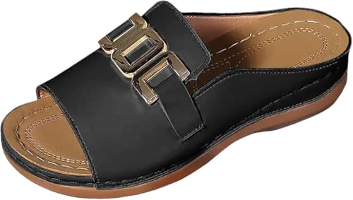 QIXUJAK Damen Ein-Wort-Schrägsandalen mit dicker Sohle, bequem, vielseitig, orthopädisch, Keilabsatz, leichte Sommersandalen (Schwarz,41) von QIXUJAK