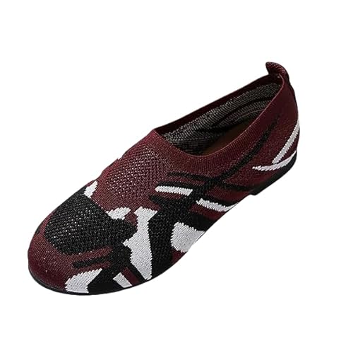 QIXUJAK Damen Flache Loafers - Camouflage Druck, Runder Zeh, Atmungsaktive Stoff-Slip-On Schuhe mit Gummi-Sohle | Leicht & Bequem | Für Alle Jahreszeiten (Burgunderrot,39) von QIXUJAK