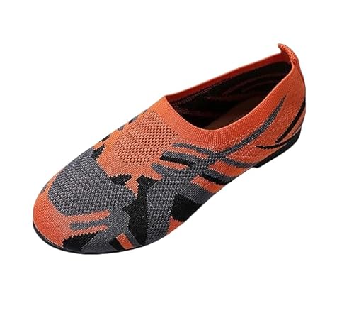 QIXUJAK Damen Flache Loafers - Camouflage Druck, Runder Zeh, Atmungsaktive Stoff-Slip-On Schuhe mit Gummi-Sohle | Leicht & Bequem | Für Alle Jahreszeiten (Orange,36) von QIXUJAK