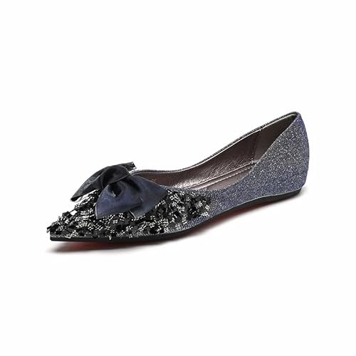 QIXUJAK Damen Flats Schuhe Strass Spitze Zehen Flats Komfort Low Wedge Dressy Flats Silber Bowknot Flats Leichte Casual Ballettschuhe (Blau,38) von QIXUJAK