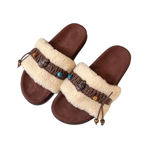 QIXUJAK Damen Fuzzy Slide Schiebe-Sandalen (Beige,38) von QIXUJAK