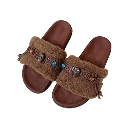 QIXUJAK Damen Fuzzy Slide Schiebe-Sandalen (Braun,37) von QIXUJAK