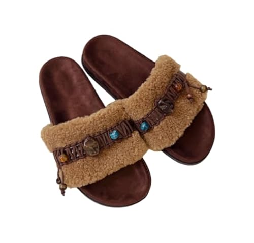 QIXUJAK Damen Fuzzy Slide Schiebe-Sandalen (Khaki,38) von QIXUJAK