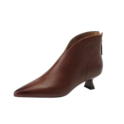 QIXUJAK Damen Geschlossene Spitze Zehenkappe Niedrige Kitten Absatz Heel Reißverschluss Stiefeletten Büroschuhe Lässig Dress Stiefel (Braun,38) von QIXUJAK