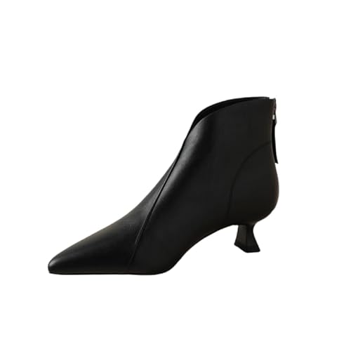 QIXUJAK Damen Geschlossene Spitze Zehenkappe Niedrige Kitten Absatz Heel Reißverschluss Stiefeletten Büroschuhe Lässig Dress Stiefel (Schwarz,39) von QIXUJAK