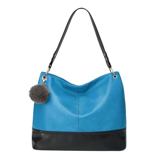 QIXUJAK Damen Handtasche aus weichem PU Leder Schultertasche mit Reißverschluss Fransen-Deko Schlüsselanhänger für Alltag Shopping Reisen (Blau) von QIXUJAK
