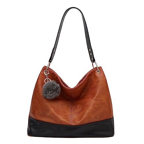 QIXUJAK Damen Handtasche aus weichem PU Leder Schultertasche mit Reißverschluss Fransen-Deko Schlüsselanhänger für Alltag Shopping Reisen (Dunkelbraun) von QIXUJAK