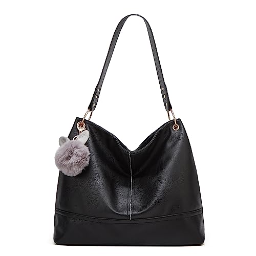 QIXUJAK Damen Handtasche aus weichem PU Leder Schultertasche mit Reißverschluss Fransen-Deko Schlüsselanhänger für Alltag Shopping Reisen (Schwarz) von QIXUJAK