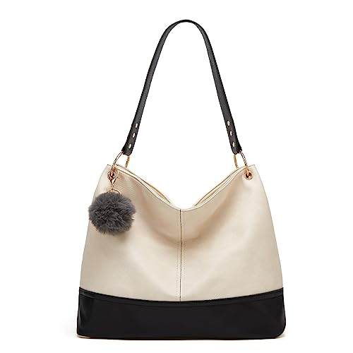 QIXUJAK Damen Handtasche aus weichem PU Leder Schultertasche mit Reißverschluss Fransen-Deko Schlüsselanhänger für Alltag Shopping Reisen (Weiß und schwarz) von QIXUJAK