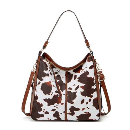 QIXUJAK Damen-Handtaschen-Set mit Kuhmuster, weiches Leder, Umhängetasche, Geldbörse mit Geldbörse (Braun,34 * 13 * 32) von QIXUJAK