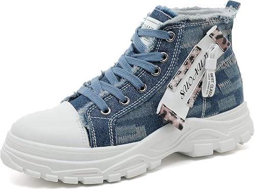 QIXUJAK Damen High Top Canvas Sneaker Leicht rutschfest Dicke Sohle Canvas Sportschuhe Atmungsaktiv Canvas Stoff Freizeitschuhe Schnürer Sportliche Turnschuhe (Blau,35) von QIXUJAK