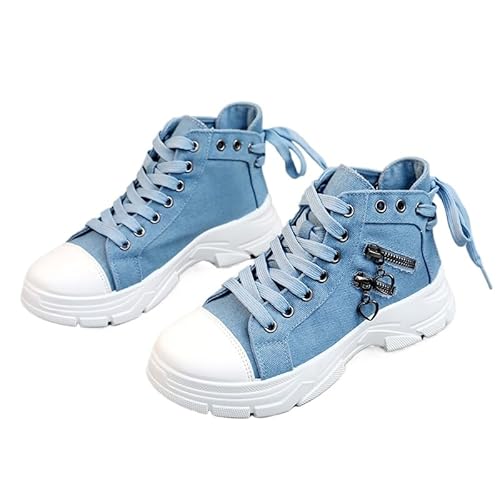 QIXUJAK Damen High Top Canvas Sneaker Leicht rutschfest Dicke Sohle Canvas Sportschuhe Atmungsaktiv Canvas Stoff Freizeitschuhe Schnürer Sportliche Turnschuhe (Blau,42) von QIXUJAK