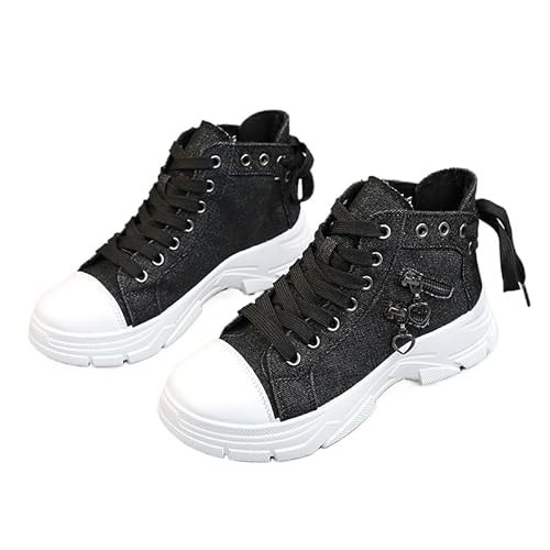 QIXUJAK Damen High Top Canvas Sneaker Leicht rutschfest Dicke Sohle Canvas Sportschuhe Atmungsaktiv Canvas Stoff Freizeitschuhe Schnürer Sportliche Turnschuhe (Denim Schwarz,37) von QIXUJAK
