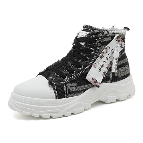 QIXUJAK Damen High Top Canvas Sneaker Leicht rutschfest Dicke Sohle Canvas Sportschuhe Atmungsaktiv Canvas Stoff Freizeitschuhe Schnürer Sportliche Turnschuhe (Schwarz,38) von QIXUJAK