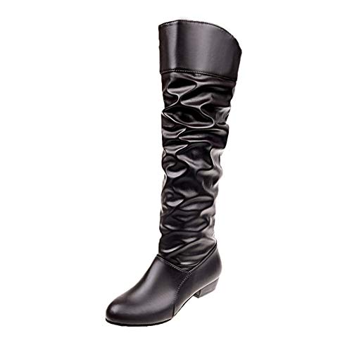 QIXUJAK Damen Hohe Stiefel Winter Schuhe Warme Leder Reitstiefel Niedrige mit Absatz Komfort Beiläufige Schnalle Langschaft Kniehohe Stiefel (Braun,42) von QIXUJAK