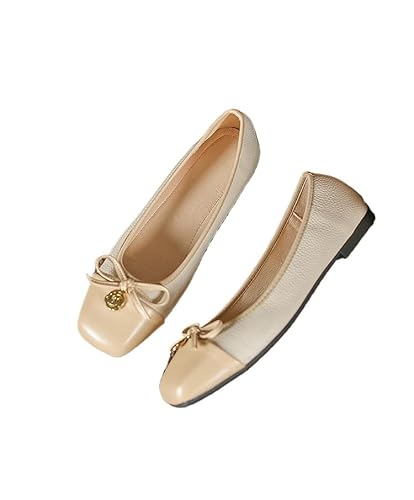 QIXUJAK Damen Klasssische Ballerinas Lack Balerinaschuhe Flach Damenschuhe Zehenkappe (Cremefarben,37) von QIXUJAK