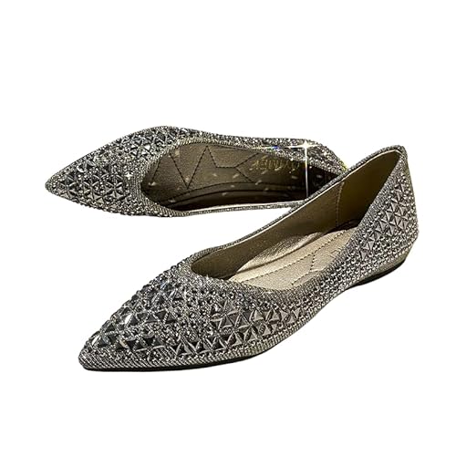QIXUJAK Damen Mädchen Hochzeitsschuhe Klassische Prinzessin Partei Schuhe Glitzer Flamenco Schuhe Slip on Flache Arbeitsschuhe Ballerina Geschlossene Flat mit Strass (Grau,34) von QIXUJAK