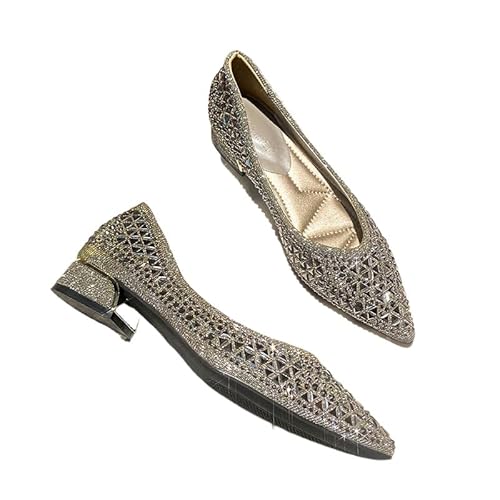 QIXUJAK Damen Mädchen Hochzeitsschuhe Klassische Prinzessin Partei Schuhe Glitzer Flamenco Schuhe Slip on Flache Arbeitsschuhe Ballerina Geschlossene Flat mit Strass (Grau (2,5 cm),38) von QIXUJAK