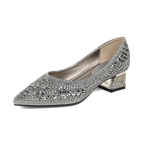 QIXUJAK Damen Mädchen Hochzeitsschuhe Klassische Prinzessin Partei Schuhe Glitzer Flamenco Schuhe Slip on Flache Arbeitsschuhe Ballerina Geschlossene Flat mit Strass (Grau (5cm),35) von QIXUJAK