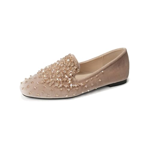 QIXUJAK Damen Mädchen Hochzeitsschuhe Klassische Prinzessin Partei Schuhe Glitzer Flamenco Schuhe Slip on Flache Arbeitsschuhe Ballerina Geschlossene Flat mit Strass (Khaki,36) von QIXUJAK