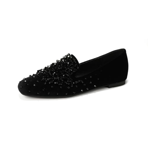 QIXUJAK Damen Mädchen Hochzeitsschuhe Klassische Prinzessin Partei Schuhe Glitzer Flamenco Schuhe Slip on Flache Arbeitsschuhe Ballerina Geschlossene Flat mit Strass (Schwarz,38) von QIXUJAK