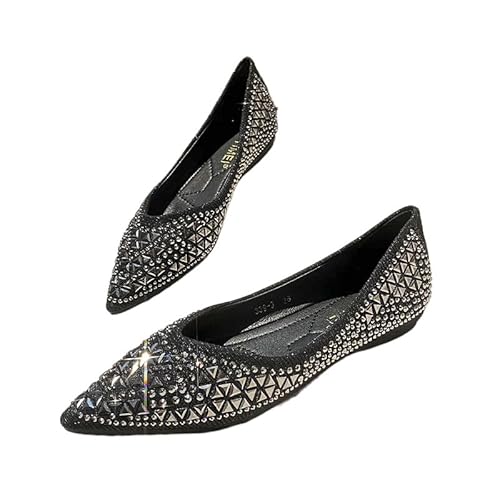QIXUJAK Damen Mädchen Hochzeitsschuhe Klassische Prinzessin Partei Schuhe Glitzer Flamenco Schuhe Slip on Flache Arbeitsschuhe Ballerina Geschlossene Flat mit Strass (Schwarz,42) von QIXUJAK