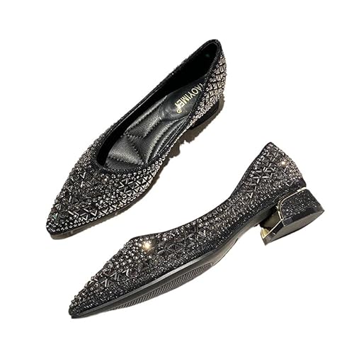 QIXUJAK Damen Mädchen Hochzeitsschuhe Klassische Prinzessin Partei Schuhe Glitzer Flamenco Schuhe Slip on Flache Arbeitsschuhe Ballerina Geschlossene Flat mit Strass (Schwarz (2,5 cm),36) von QIXUJAK
