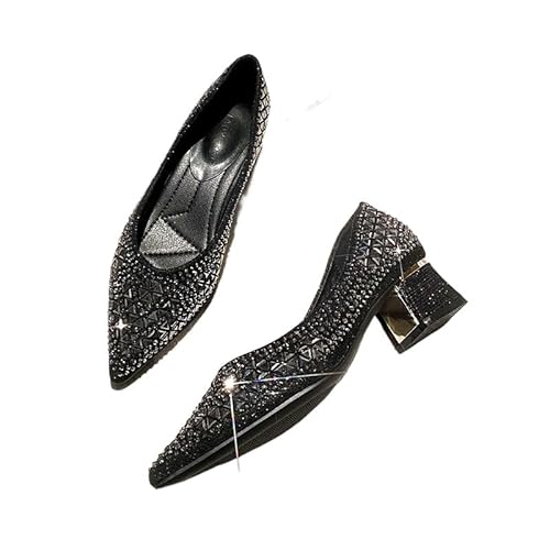 QIXUJAK Damen Mädchen Hochzeitsschuhe Klassische Prinzessin Partei Schuhe Glitzer Flamenco Schuhe Slip on Flache Arbeitsschuhe Ballerina Geschlossene Flat mit Strass (Schwarz (5cm),38) von QIXUJAK